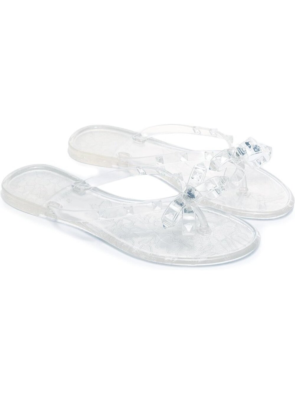 Womens Clear Thong Open Toe Jelly Bow Stud Slip On Studded Flat Sandal Shoes